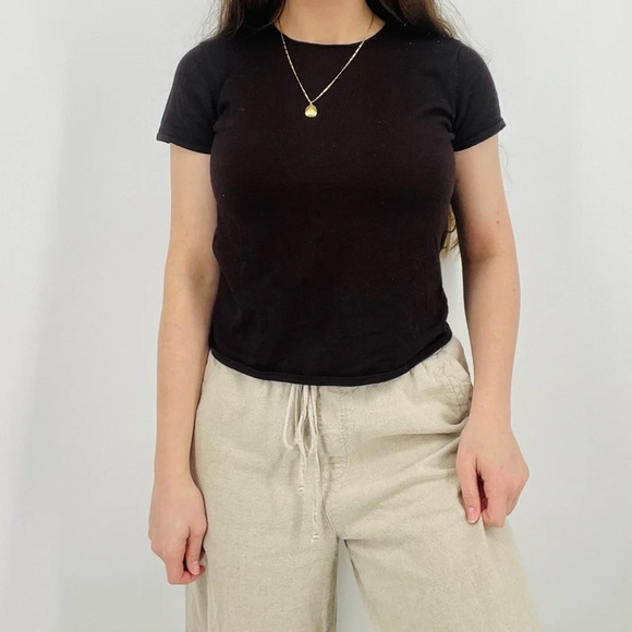 eileen fisher 100% wool mocha brown minimalist top shortsleeve size M - Picture 2 of 8